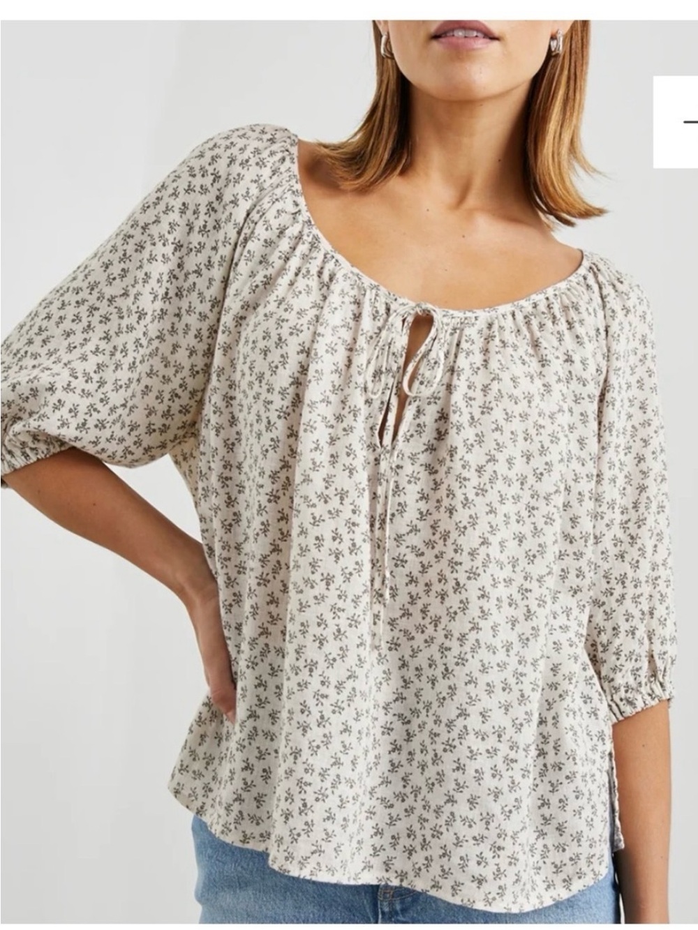 Rails Cream Floral Tie-Neck Peasant Blouse